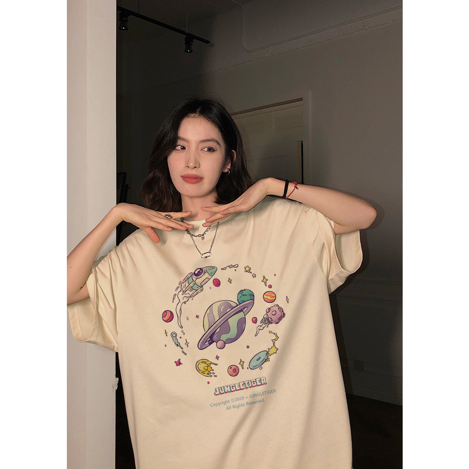 EUNII T-shirt Lengan Pendek Cartoon Planet Korean Style/Kaos Atasan Wanita/Baju Kaus Oversize Wanita/Kaos Wanita