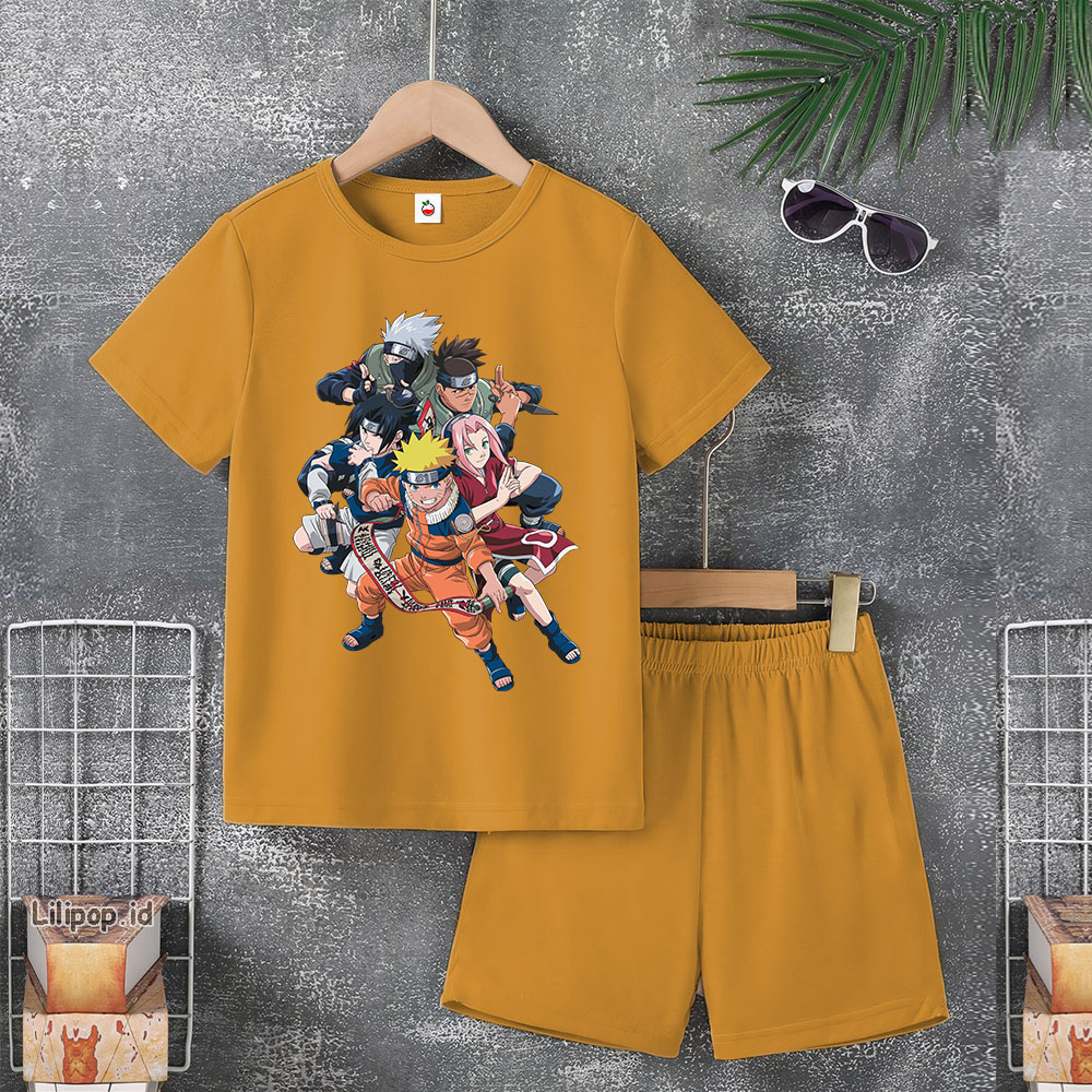 Baju Anak Stelan Usia 4-10 Tahun naruto Kaos 3/4 Cowok Cewek  Celana Pendek Harian