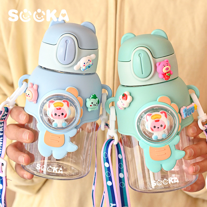 SOOKA Botol Minum Anak Lucu Dengan Tali Dan Sedotan Kapasitas Besar Karakter Lucu 600 ML Bahan PE BPA FREE SK-ECD1141