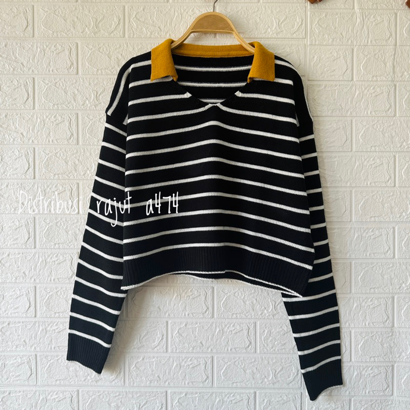 A5 POLO SWEATER RAJUT STIRIPPE BLASTER KERAH ATASAN WANITA KOREA