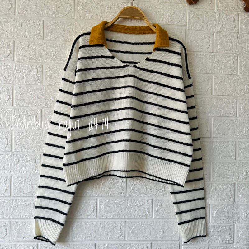 A5 POLO SWEATER RAJUT STIRIPPE BLASTER KERAH ATASAN WANITA KOREA