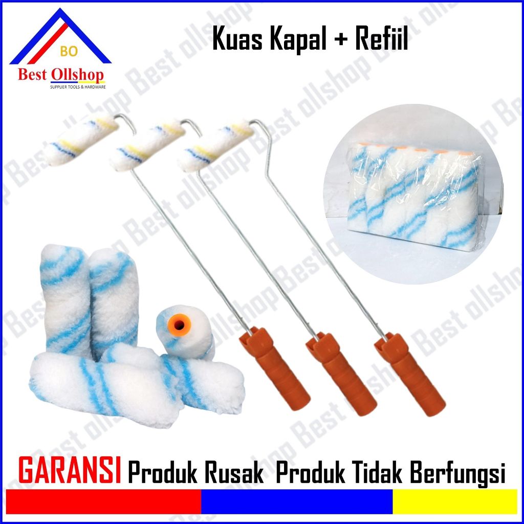 Termurah! Isi Kuas Cat Roll Kecil Bulu Refill Kuas Roll Kapal 4&quot; Inch Panjang 10 Cm + Kuas Kapal 1 Paket