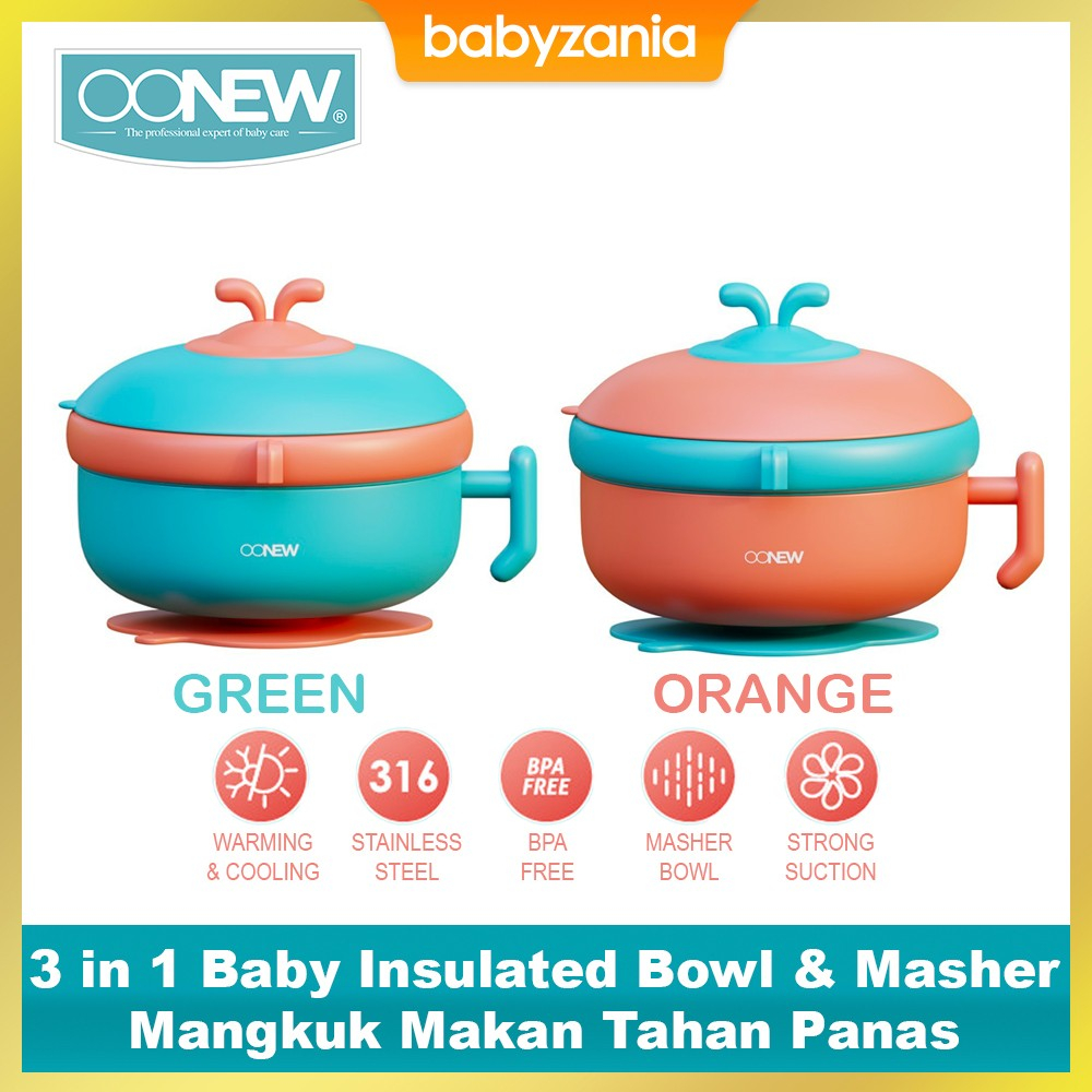 Oonew 3 in 1 Baby Insulated Bowl &amp; Masher Mangkuk Makan Tahan Panas  - Orange / Green