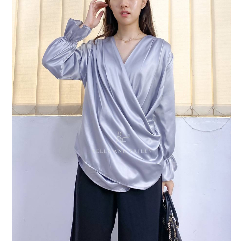 ATHENA Halter Neck Satin Blouse - Atasan Halter Tangan Panjang - Kimono Blouse Puffy Sleeve 0433