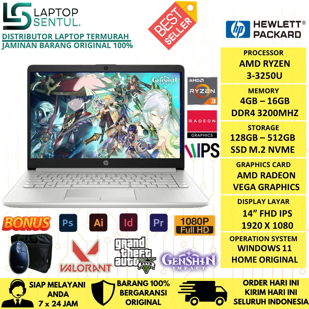 Laptop Gaming Murah HP 14 AMD Ryzen 3 3250U RAM 16GB SSD 512GB FHD IPS WINDOWS 11 TERLARIS