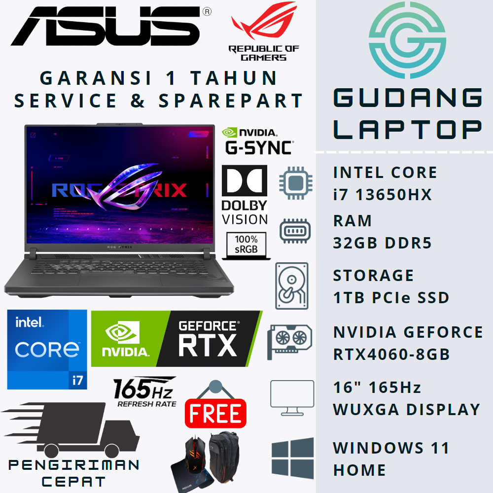 LAPTOP GAMING ASUS ROG STRIX G16 G614JV i7 13650HX 32GB DDR5 1TB SSD RTX4060 8GB WUXGA WIN11