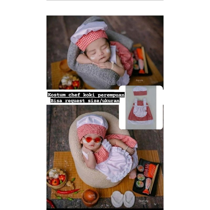 0NEW KATALOG Baju Koki Chef bayi perempuan Kostum Foto Bayi Newborn  Properti Foto Bayi Newborn