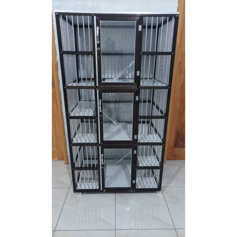 kandang kucing alumunium 3 pintu keramik putih ukuran 160x60x90