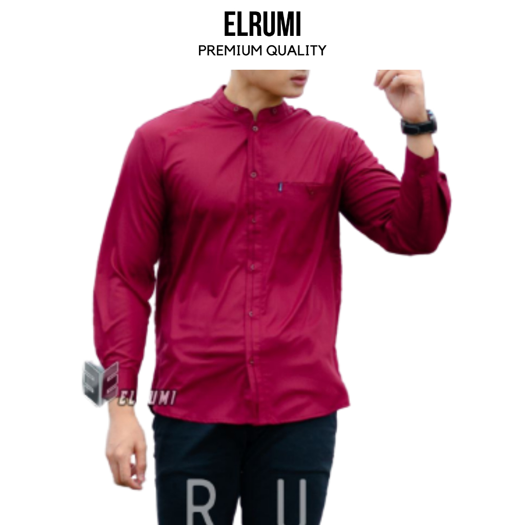 Baju Koko Pria Lengan Panjang Motif Antasena Polos Warna Merah Maroon Original Elrumi