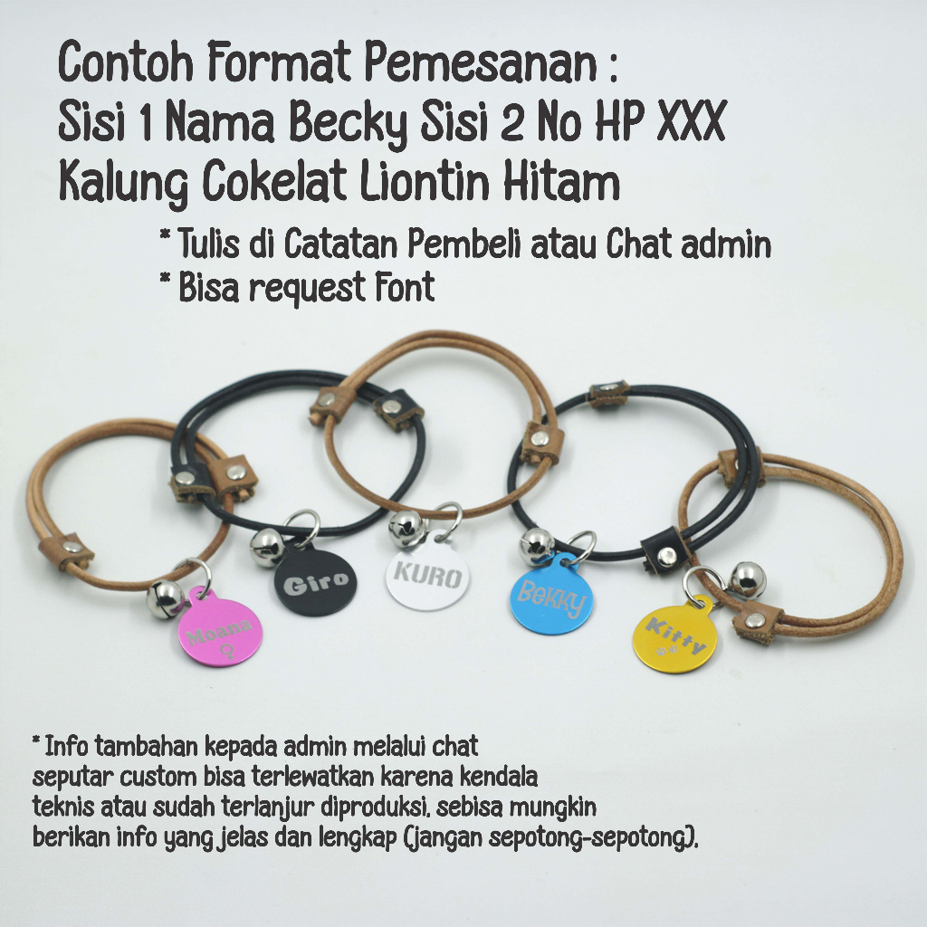KALUNG KUCING NAMA CUSTOM MODEL TALI KULIT  ASLI PINTAL LIONTIN LOGAM PREMIUM
