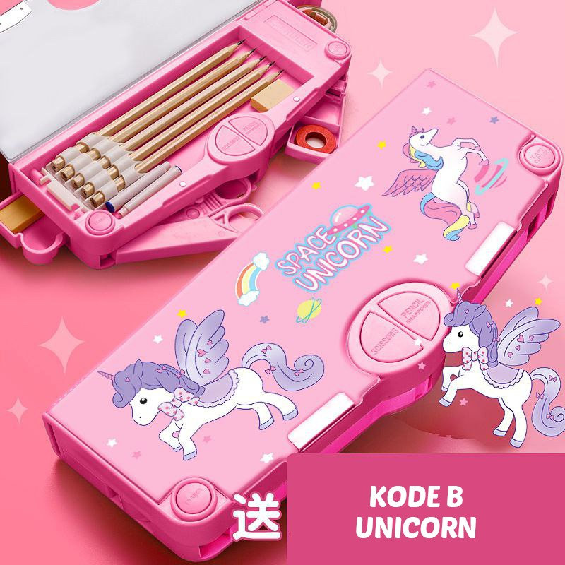 Kotak Pensil Tombol Multifungsi isi gunting selotip Motif Unicorn Dinosaurus Astronot Untuk Anak SD TK Kotak Pensil Pola Kartun 2 Lapis