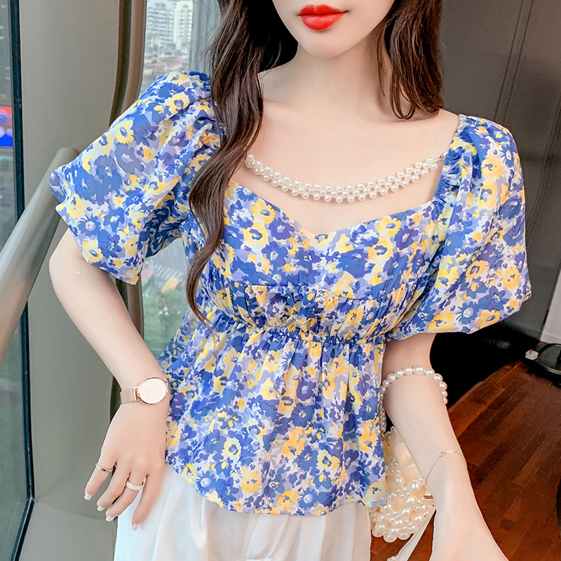 MOOGU ♡ Korea blouse floral lengan pendek wanita atasan