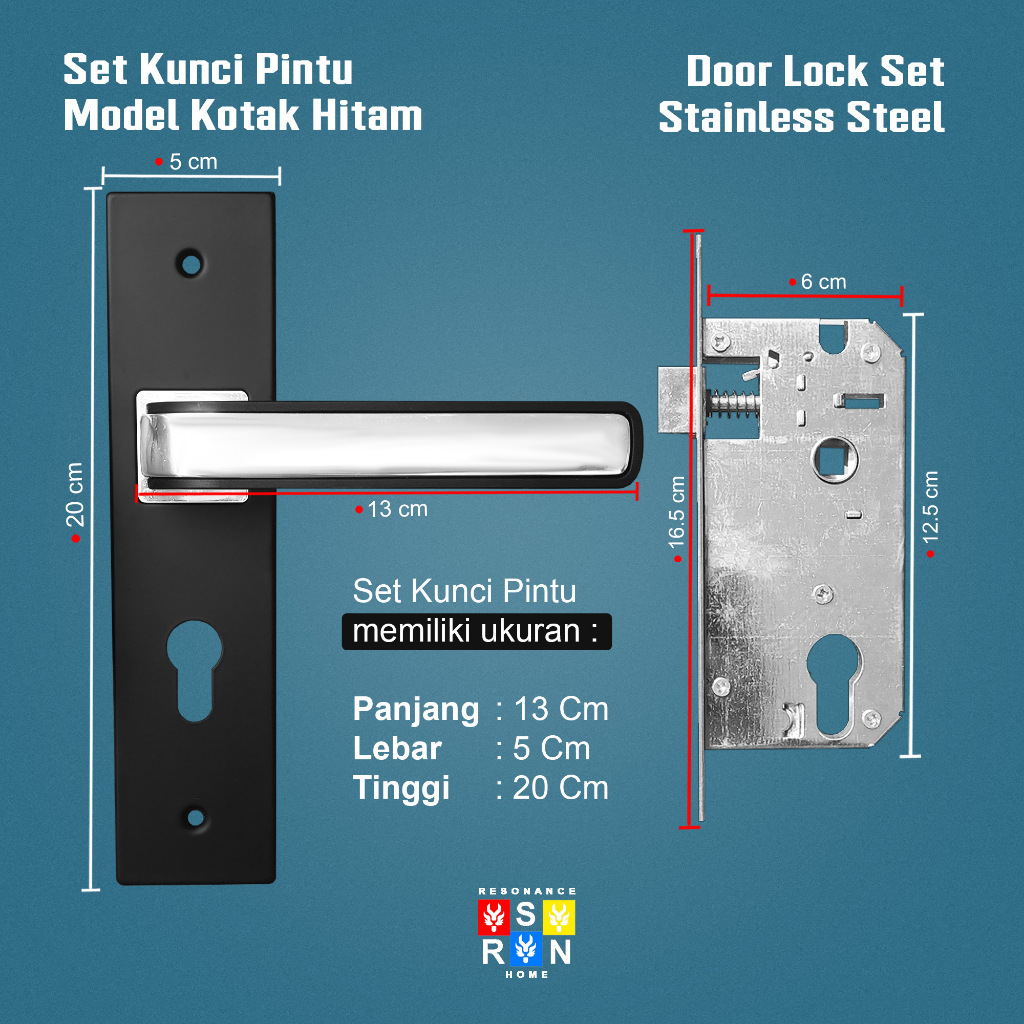 Kunci Pintu tanggung Gagang Kotak Hitam / 20 Cm Door handle Set RESONANCE HOME