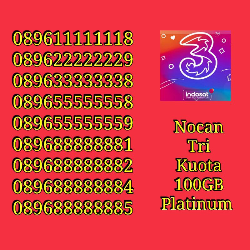 Nomor Cantik Nocan Sapta Tengah Kartu Perdana Tri Three 4G LTE Kuota 100GB Platinum