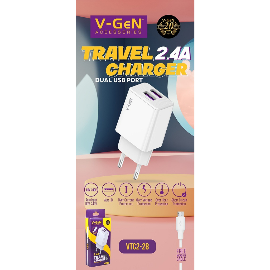 Travel Charger V-GeN VTC2-28 2.4A Dual Port USB Adaptor Charger VGEN