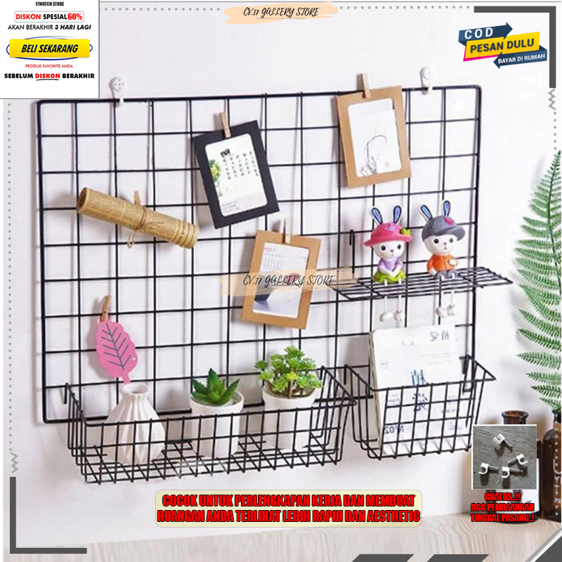 Promo Hijang 52X35 Hiasan Dinding wall grid pajangan foto Keranjang Besi Rak Gantung Tempat penyimpanan Pajangan Dekorasi Dinding Dingding Tembok  black grid wire mesh notes Tempel Ruang Tamu Kamar Tidur Cowok Kayu Susun Rumah Minimalis Serbaguna Murah