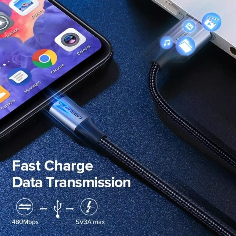 UGREEN ORIGINAL Kabel Data USB to Type C 3A 3M 3 Meter Nylon Nilon Cable Fast Charging Quick Charge Tipe C Charger Casan Ori