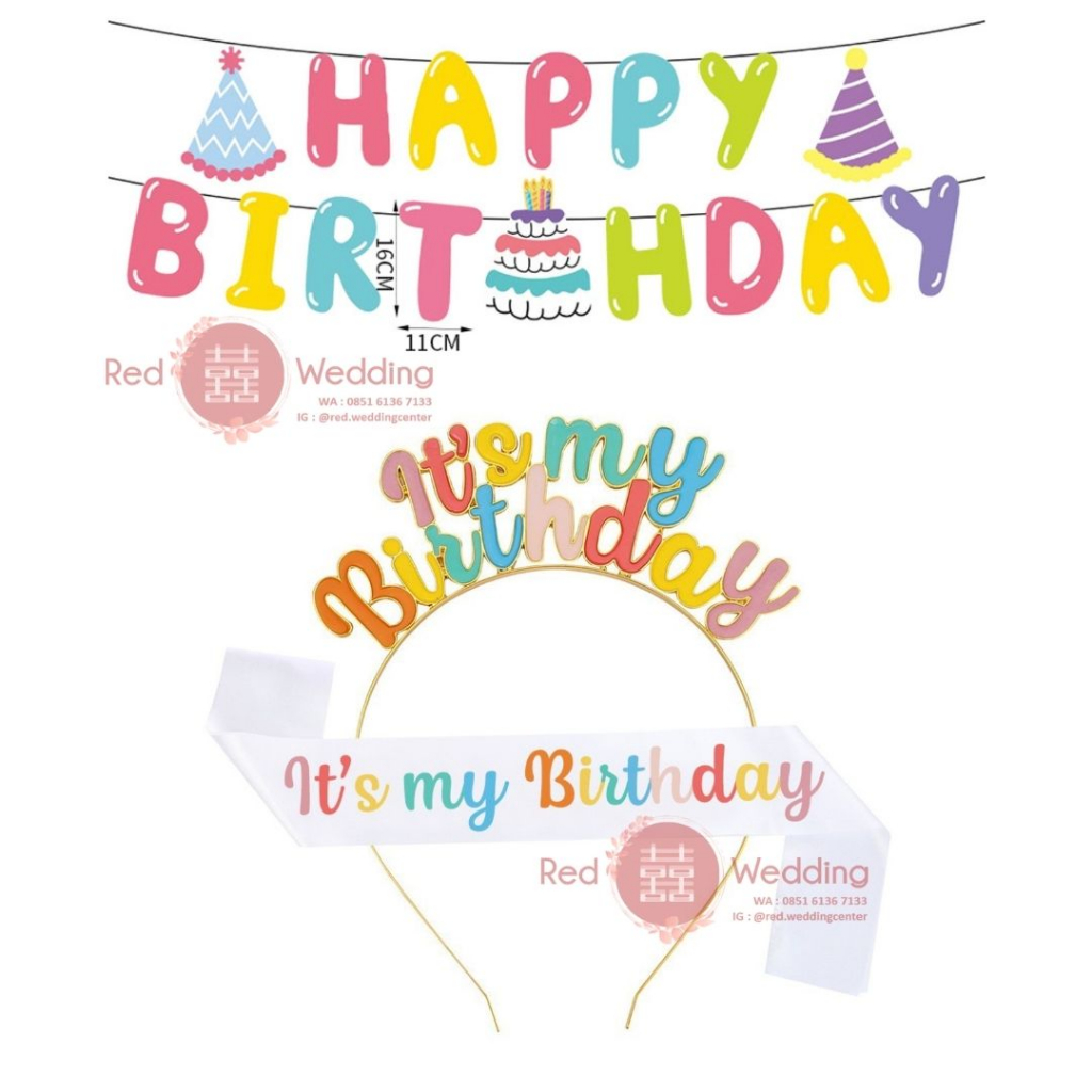 Paket HAPPY BIRTHDAY Bando Sash Selempang dan Tali Dekorasi Lengkap Pesta Ulang Tahun Ultah Bday Aesthetic