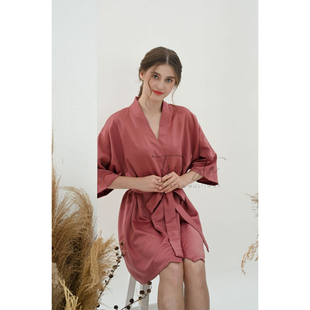 Trivesta Robes - Basic Robe Plum - Kimono Robe Bridesmaid Satin + Free Bordir (Tulisan Bebas Bisa Nama)