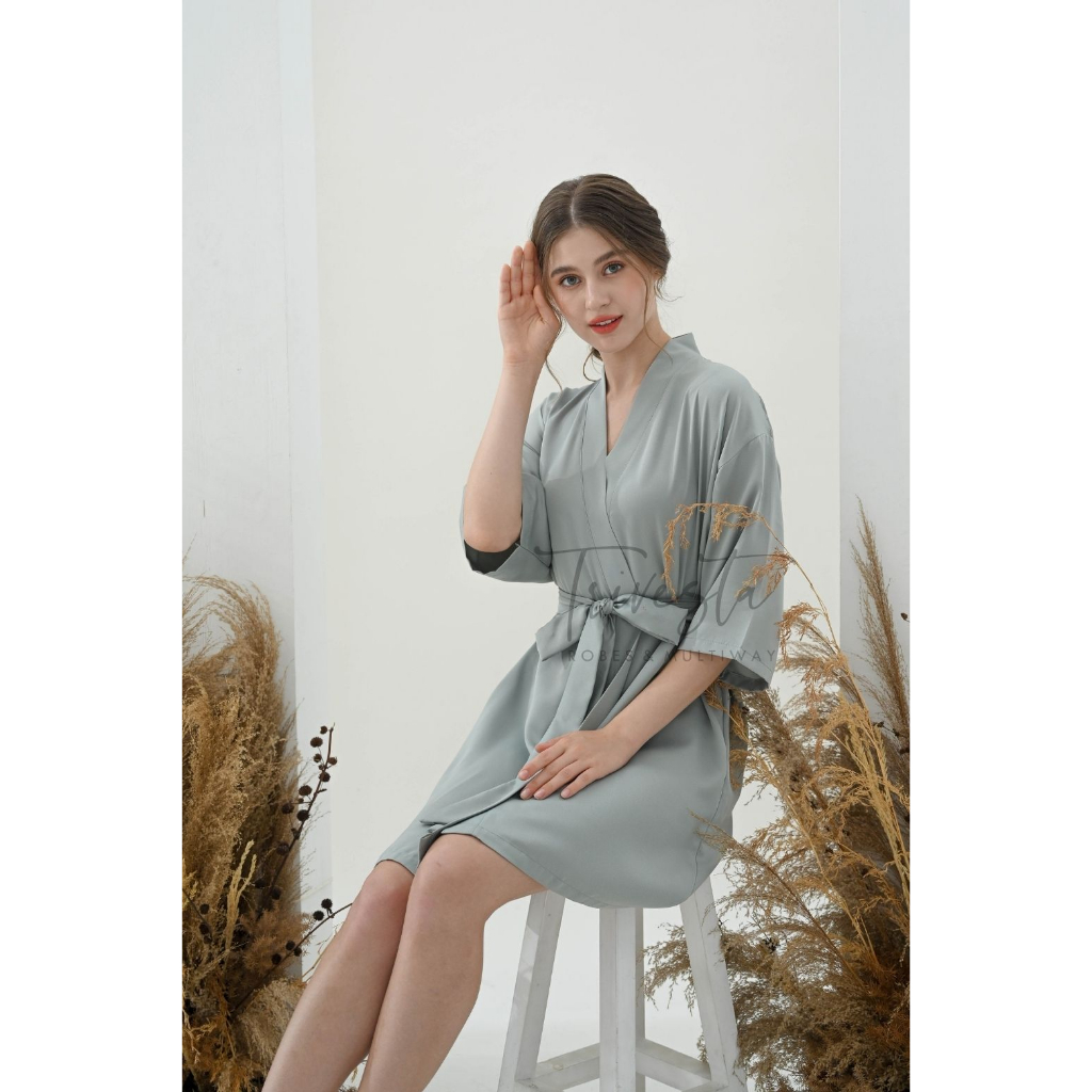 Basic Robe - KIMONO BRIDESMAID SATIN WARNA CEMENT + FREE BORDIR (TULISAN BEBAS BISA NAMA)