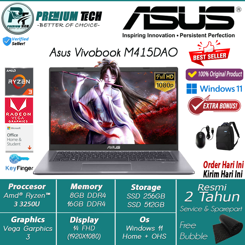 Laptop Gaming Asus Vivobook M415DAO Amd Ryzen 3 3250U 16GB 512GB SSD 14.0 FHD Windows 11 OHS Terlaris