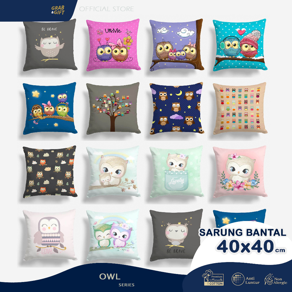 SARUNG Bantal Sofa Print Motif Owl Burung Hantu 40x40 cm