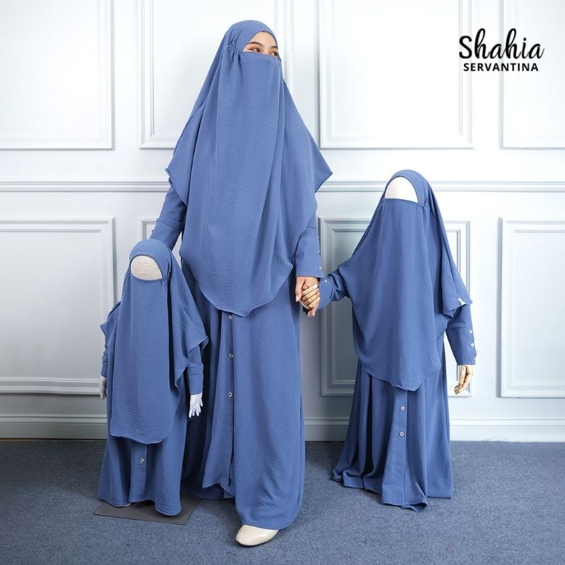 Set Setelan Gamis Hera Abaya French khimar Fk Syari Cadar instan Karet Couple ibu & anak Denim