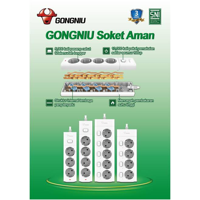 Stop Kontak 4 Lubang Gongniu 4 Tombol On/Off ( Multi Switch ) GNID-G3040