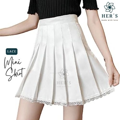 Her's - Brenda Skirt - Mini Skirt Pleated Lace-  Rok Pendek Renda - Polos Rok Model Lipat Rok Pendek