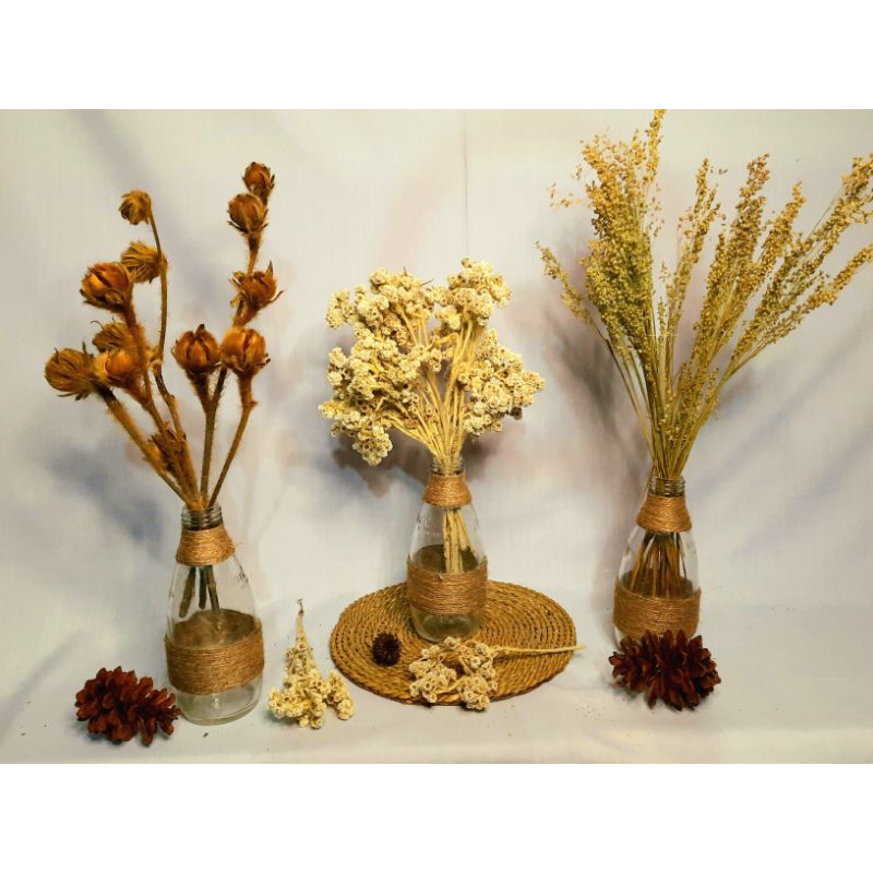 3 set bunga dan vas botol/ vas botol tali rami/ bunga hiasan meja/bunga hiasan dingdingbucketpaketas