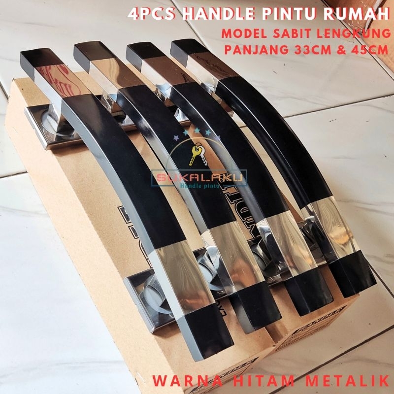 (4biji) handle pintu rumah model kotak lengkung sabit warna Hitam untuk pintu depan kupu tarung