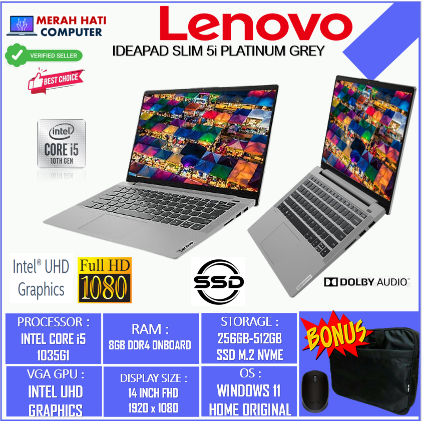 PROMO LAPTOP BISNIS LENOVO IDEAPAD SLIM 5i 14 INTEL I5 1035G1 8GB 512GB 14FHD WINDOWS 10 HOME PLATINUM GREY ORIGINAL TERMURAH