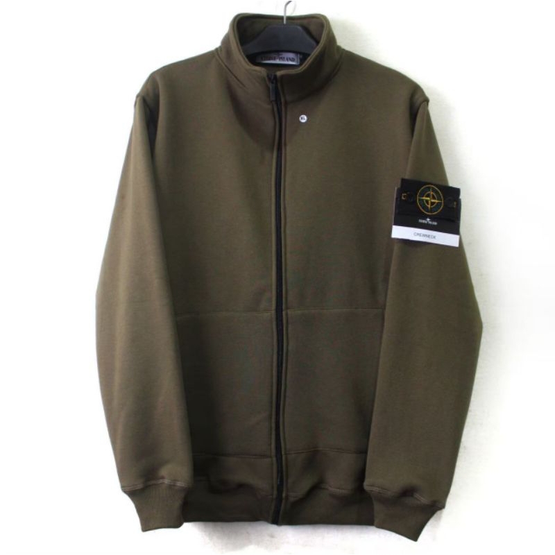 JAKET TRACKTOP STONE ISLAND UNISEX PREMIUM PULL TAG WASH+LEBEL PULL BLACK-ARMY
