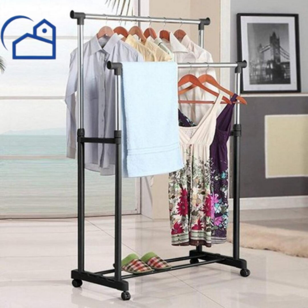 DOUBLE Rod Rack dan SINGLE Rod Rack Rak Baju Serbaguna Gantungan Laundry Stand Hanger 4 Roda Stand Hanger Single Stand