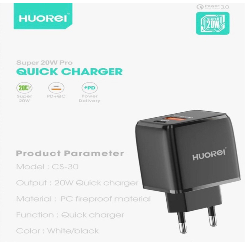 HOUREI CS30 Super Quick Charge Output PD 20W + QC 3.0 Free Kabel Micro - Charger CS30