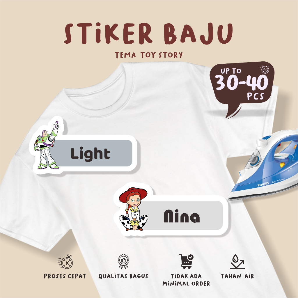 

(30-40pcs)printing Stiker Kain Label Baju Nama Anak tema TOY STORY(cetak stiker baju kartun murah)/ Sablon Setrika Name /Label Sticker Iron on sticker a/ Kain