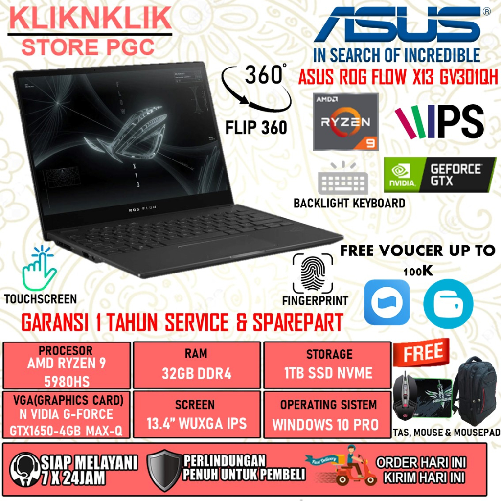 LAPTOP GAMING 2IN1 ASUS ROG FLOW X13 GV301QH AMD RYZEN 9 5980HS RAM 32GB 1TB SSD GTX1650-4GB MAX-Q DESIGN TOUCH BL FP WIN10PRO BLACK