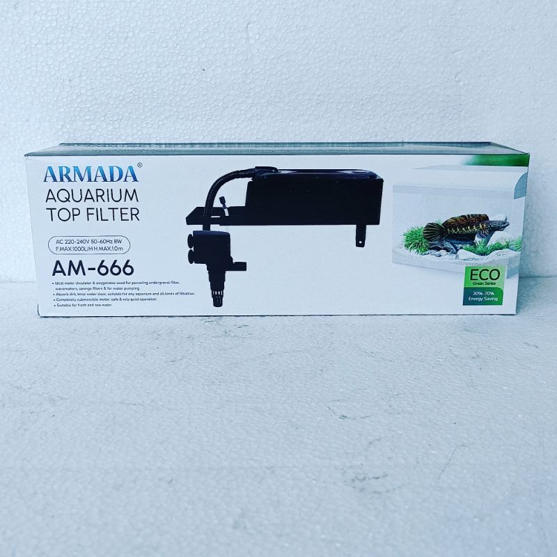 TOP FILTER ATAS ARMADA AM 666 waterpump aquarium water pump akuarium full set komplit ph 1000 Lph liter per jam mesin pompa submersible celup murah ukuran box sedang