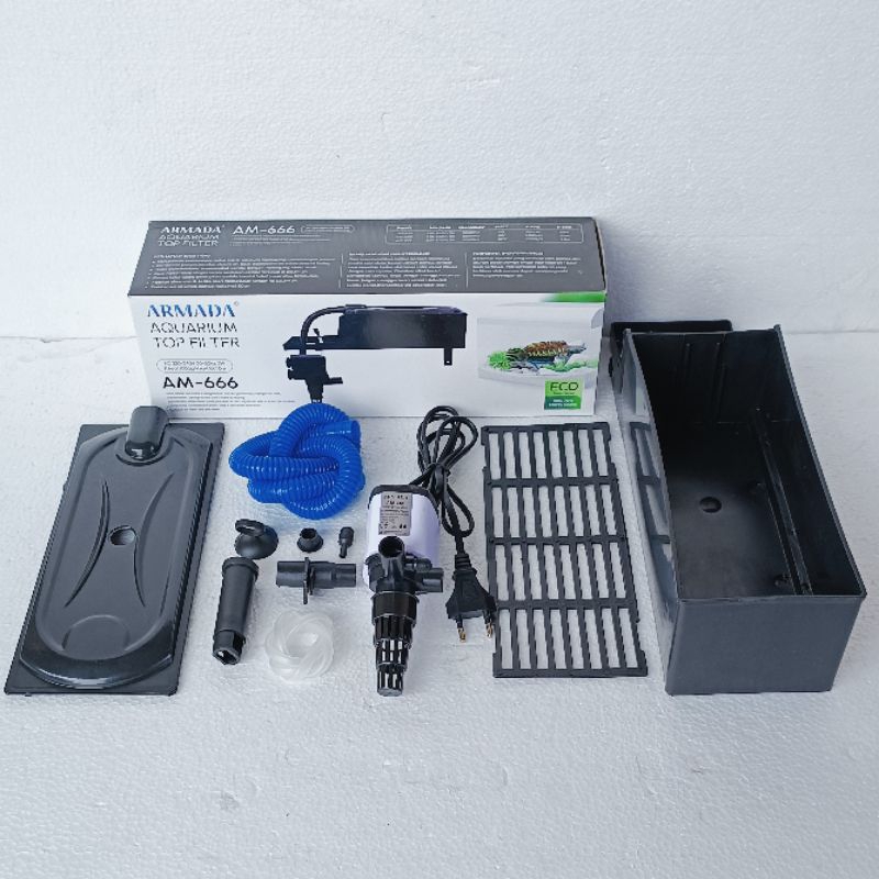 TOP FILTER ATAS ARMADA AM 666 waterpump aquarium water pump akuarium full set komplit ph 1000 Lph liter per jam mesin pompa submersible celup murah ukuran box sedang