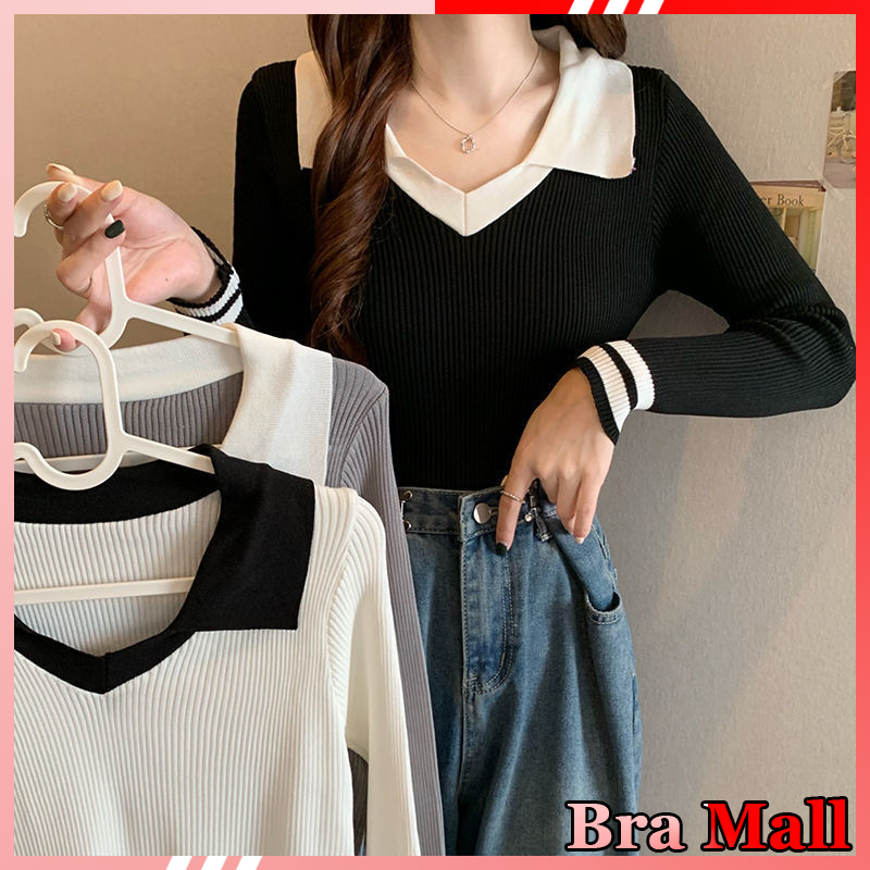 【 Bra Mall 】BJ-043 Atasan Wanita Import Kerah Polo Rajut Premium Korean Style Lengan Panjang | Kaos Rajut Polo Vneck Korean Style Kekinian