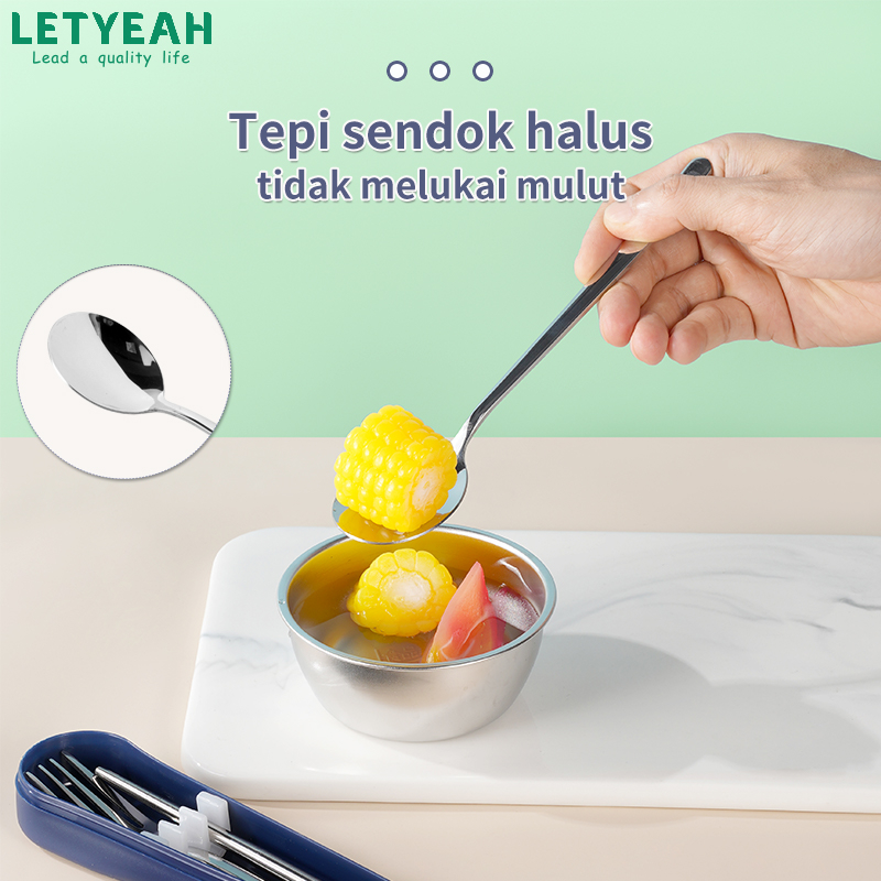 LetYeah 3Pcs Sendok Set Alat Makan stainless Sendok Garpu Set Portable Dengan Kotak Berbahan