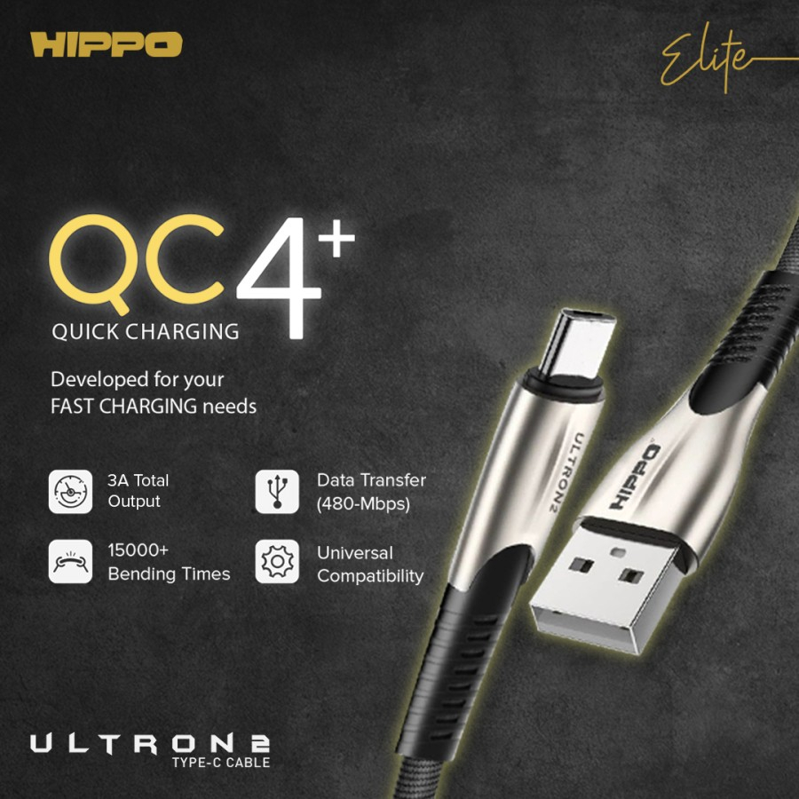 Hippo Elite Ultron 2 Micro Type C Lightning USB Port Cable 100cm 3A