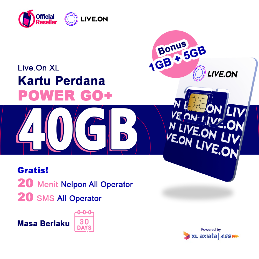 Kartu Perdana Internet LiveOn Power Go+ 40GB Bonus 1GB + 5GB 24 Jam 30 Hari by XL Axiata 4.5G