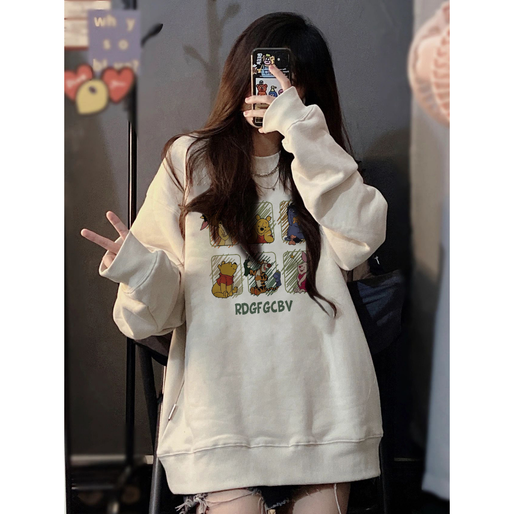 EUNII Sweater Lengan Panjang Cartoon Winnie The Pooh Printing Korean Style/Sweater Crop/Baju Wanita/Switer Wanita/Switer