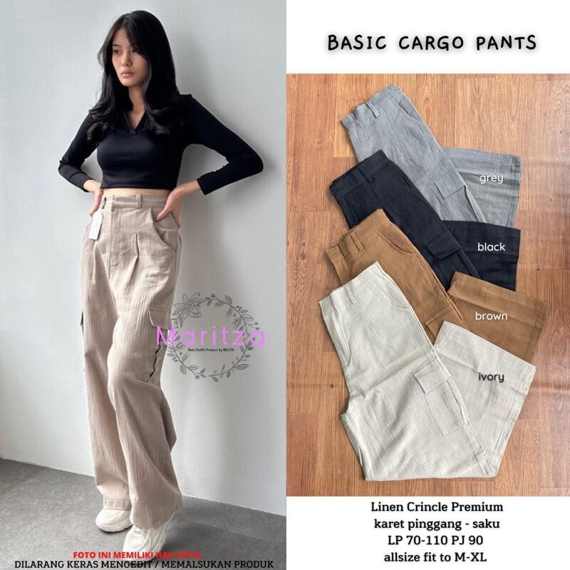 DB - Bella Cargo Pants - Highwaist Loose Cargo - Willow Cargo Pants -Celana Basic Cargo Highwaist Loose Linen Crinkle -Celana Kargo Ukuran Petite Linen Crinkle Highwaist