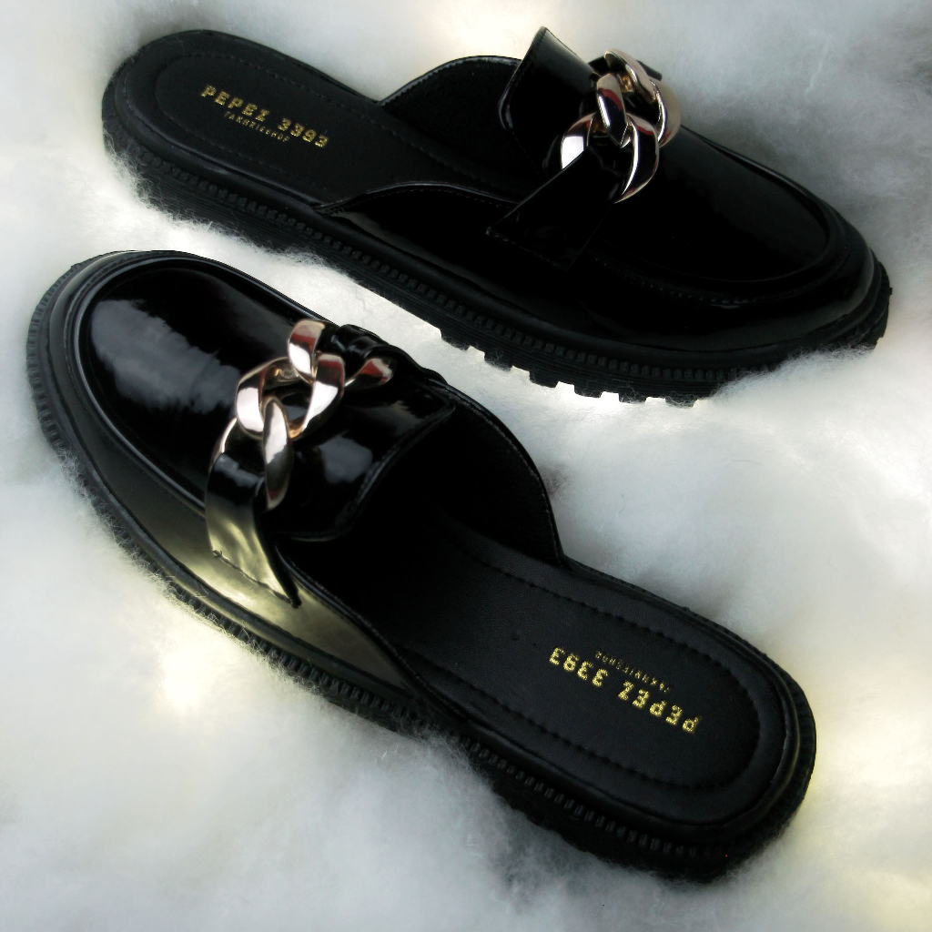 pepez3393- Sepatu Sandal Wanita Docmart Bustong Rantai Gold Black Glosy Premium Quality PPZ 06