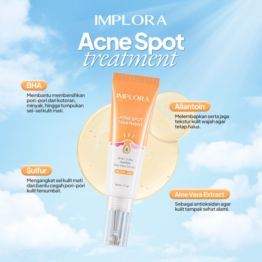 IMPLORA Acne Spot Treatment Indonesia / Obat Jerawat 12g / BHA Sulfur Allantoin Aloe Vera Extract Active Gel /  Mengatasi Meredakan Inflamasi Membersihkan Pori Kulit Berjerawat Bakteri Meradang Kemerahan / Skincare Face Care Series Perawatan Wajah / Dark