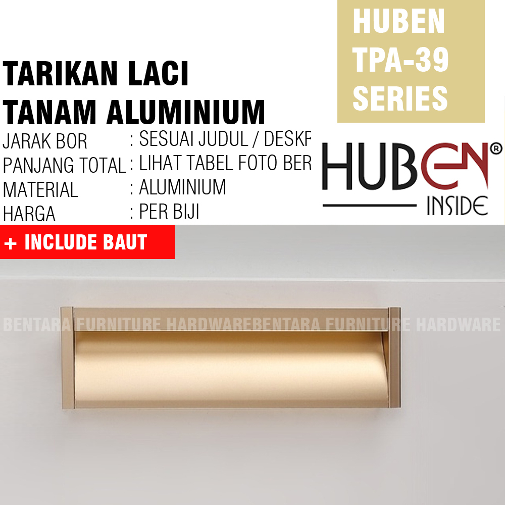 HUBEN TPA-39 128 MM ANODIZE - Tarikan Laci Tanam Meja Lemari Kabinet Gagang Pintu Handle Drawer Aluminium