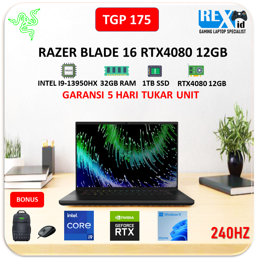 RAZER BLADE 16 RTX4080 12GB (i9 13950hx 32gb 1TBssd W11 16.0inch QHD+ 240hz PKRGB TGP175)