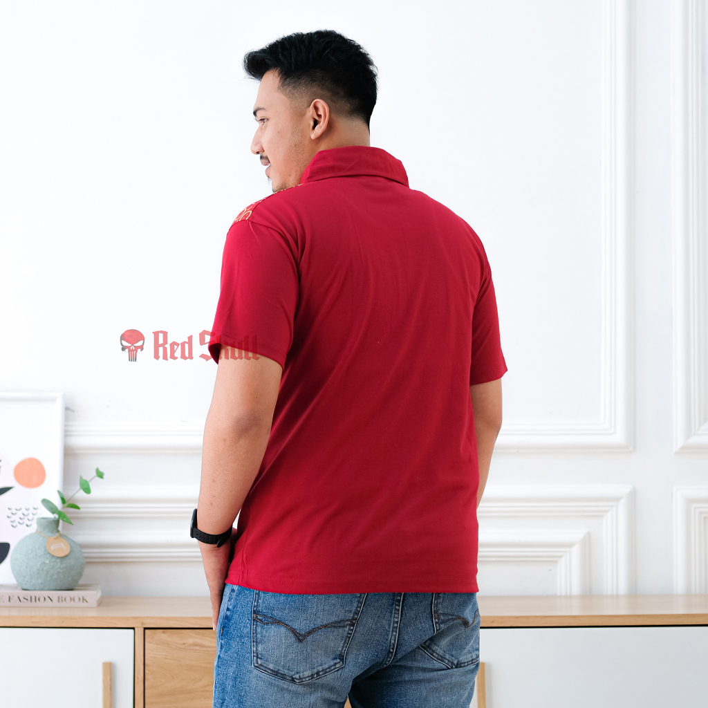 RED SKULL Kaos Kerah Polo Batik Kawung Bulat Samping Bahan Katun Ada Saku